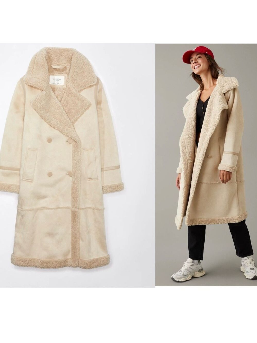 American Eagle double-breasted Vegan faux shearling coat light beige cream Sz L - Picture 2 of 14